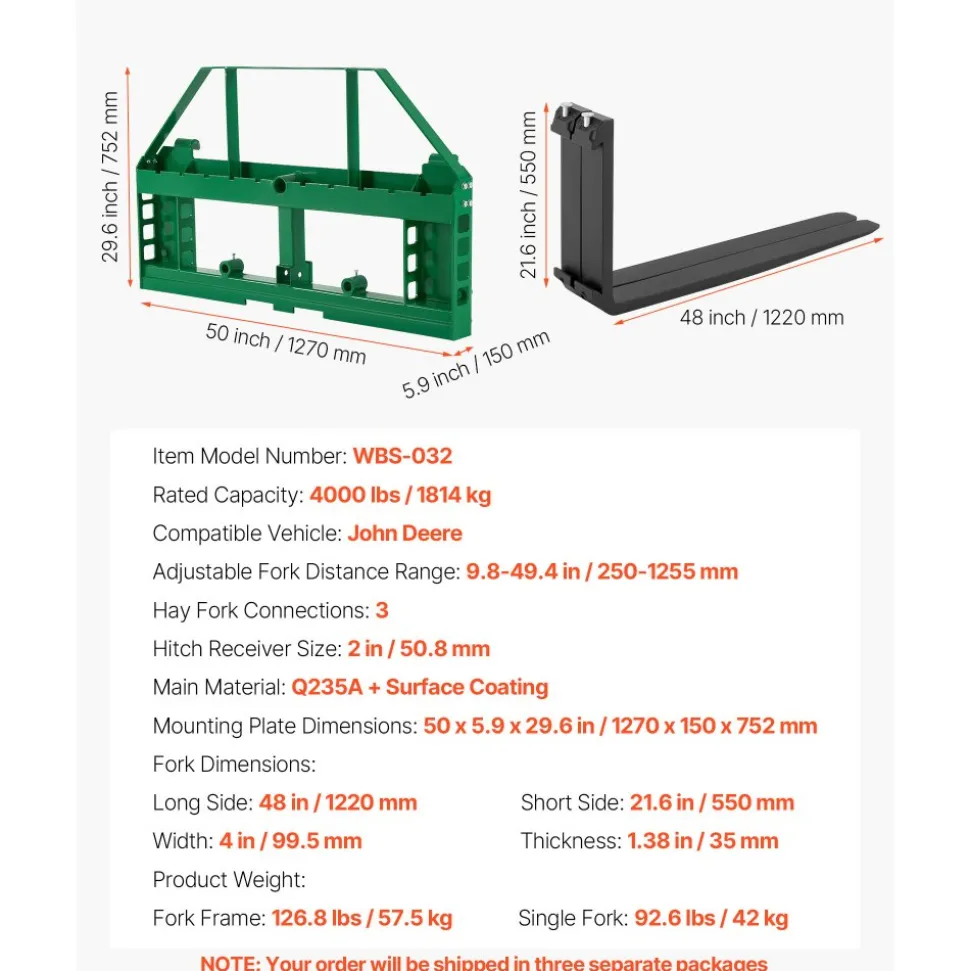 VEVOR Pallet Fork Frame Attachment with 48-inch Skid Steer Forks for JD Tractors