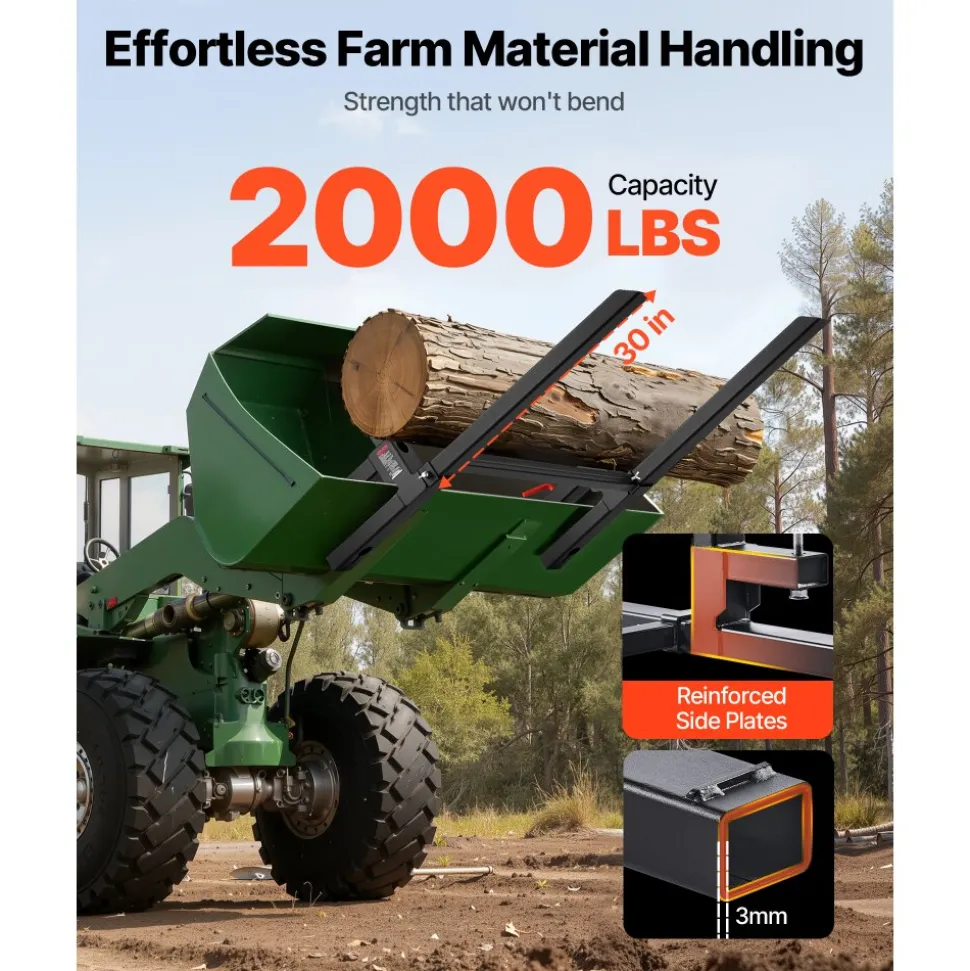 VEVOR Pallet Forks, 2000 lbs Clamp on Pallet Forks, 43-Inch Total Length Heavy-Duty Tractor Fork with Adjustable Stabilizer Bar for Tractor Attachments, Loader Bucket, and Skid Steer, Black