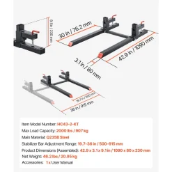 VEVOR Pallet Forks, 2000 lbs Clamp on Pallet Forks, 43-Inch Total Length Heavy-Duty Tractor Fork with Adjustable Stabilizer Bar for Tractor Attachments, Loader Bucket, and Skid Steer, Black