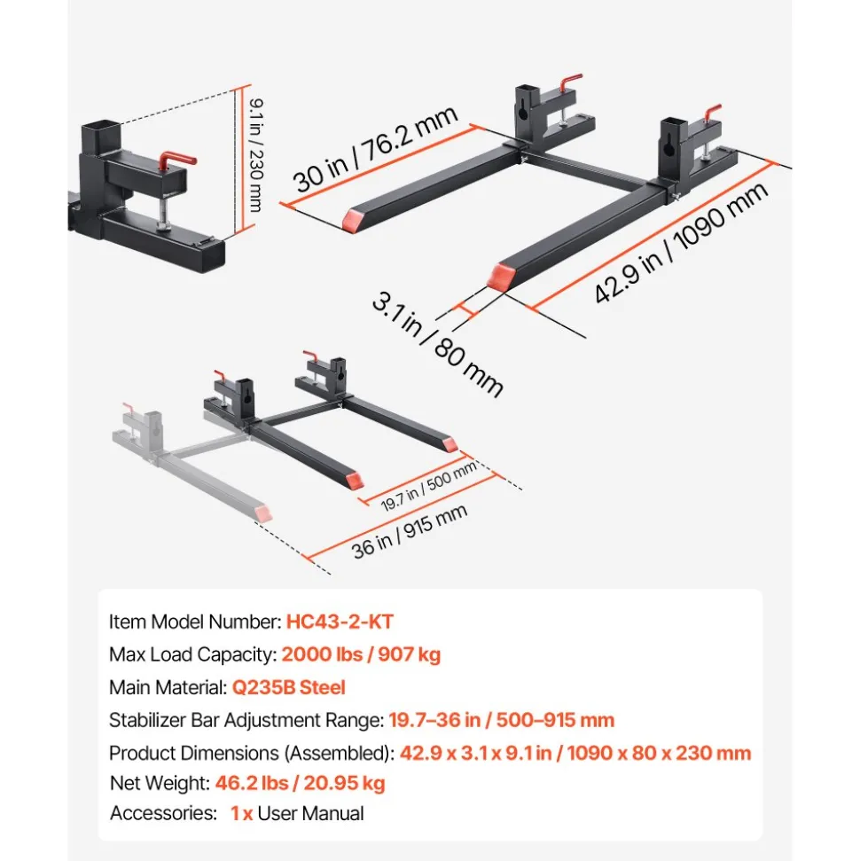 VEVOR Pallet Forks, 2000 lbs Clamp on Pallet Forks, 43-Inch Total Length Heavy-Duty Tractor Fork with Adjustable Stabilizer Bar for Tractor Attachments, Loader Bucket, and Skid Steer, Black