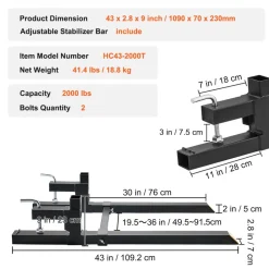 VEVOR Pallet Forks, 2000 lbs Clamp on Pallet Forks, 43" Total Length Tractor Bucket Forks with Adjustable Stabilizer bar, Heavy Duty Pallet Forks for Tractor Attachments, Skid Steer, Loader Bucket