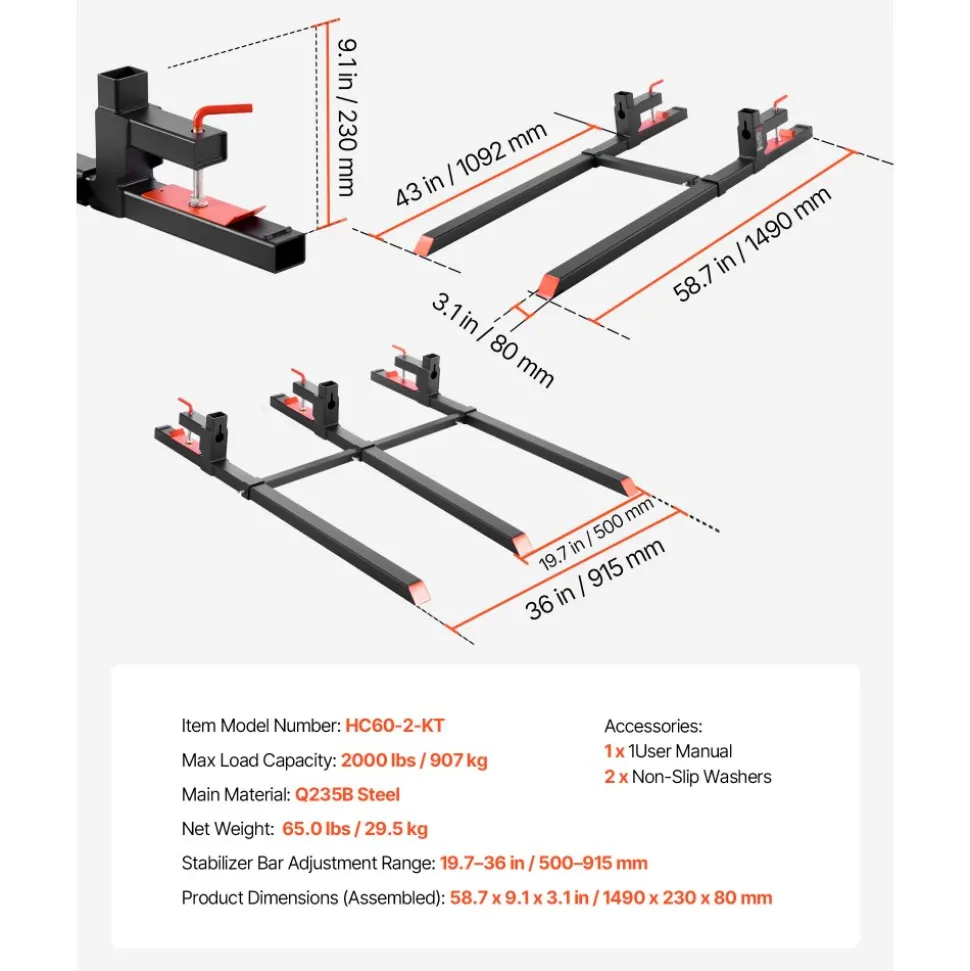 VEVOR Pallet Forks, 2000 lbs Clamp on Pallet Forks, 60-Inch Total Length Heavy-Duty Tractor Fork with Adjustable Stabilizer Bar for Tractor Attachments, Loader Bucket, and Skid Steer, Black
