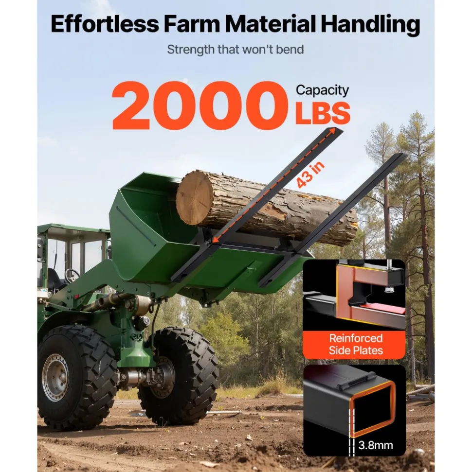 VEVOR Pallet Forks, 2000 lbs Clamp on Pallet Forks, 60-Inch Total Length Heavy-Duty Tractor Fork with Adjustable Stabilizer Bar for Tractor Attachments, Loader Bucket, and Skid Steer, Black
