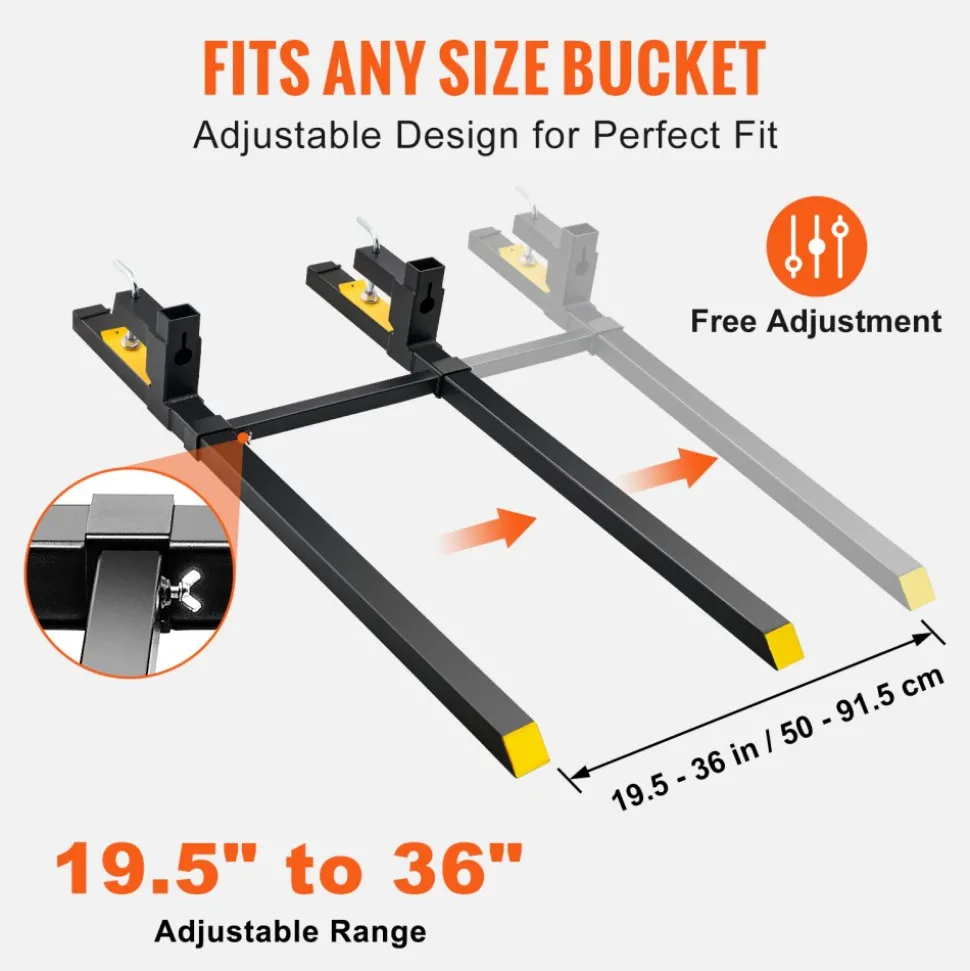 VEVOR Pallet Forks, 2000 lbs Tractor Bucket Forks, 60" Total Length Clamp on Pallet Forks with Adjustable Stabilizer bar, Heavy Duty Pallet Forks for Tractor Attachments, Skid Steer, Loader Bucket