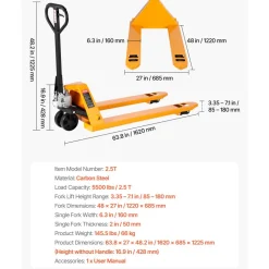VEVOR Pallet Jack, 5500 lbs Load Capacity, Manual Pallet Truck with 48L x 27W Inch Forks for Material Handling, 3.35-7.1 Inch Fork Lift Height Range, Suitable for Warehouse, Supermarket, Manufacturing