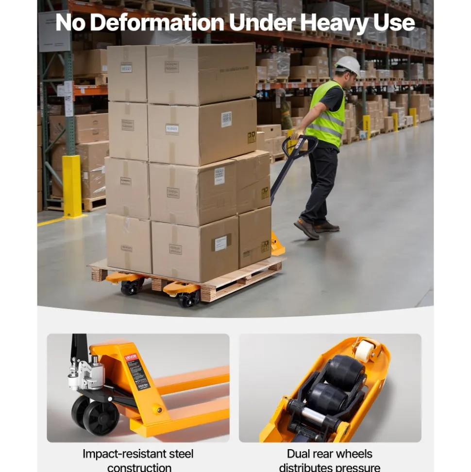 VEVOR Pallet Jack, 5500 lbs Load Capacity, Manual Pallet Truck with 48L x 27W Inch Forks for Material Handling, 3.35-7.1 Inch Fork Lift Height Range, Suitable for Warehouse, Supermarket, Manufacturing