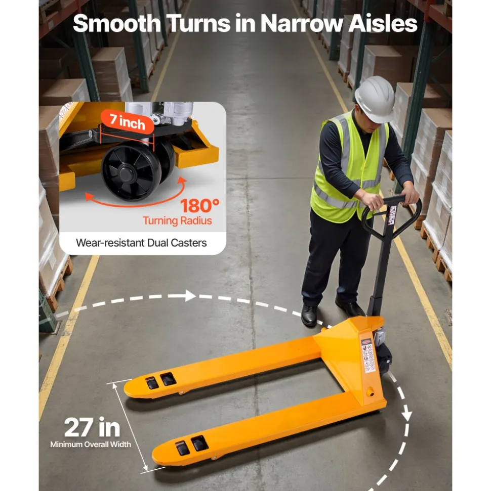 VEVOR Pallet Jack, 5500 lbs Load Capacity, Manual Pallet Truck with 48L x 27W Inch Forks for Material Handling, 3.35-7.1 Inch Fork Lift Height Range, Suitable for Warehouse, Supermarket, Manufacturing