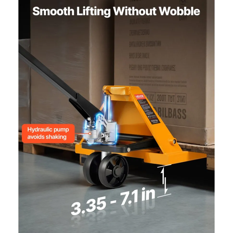 VEVOR Pallet Jack, 5500 lbs Load Capacity, Manual Pallet Truck with 48L x 27W Inch Forks for Material Handling, 3.35-7.1 Inch Fork Lift Height Range, Suitable for Warehouse, Supermarket, Manufacturing