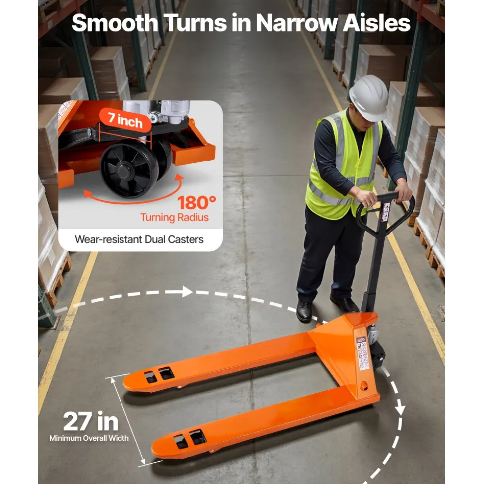 VEVOR Pallet Jack, 6600 lbs Load Capacity, Manual Pallet Truck with 48L x 27W Inch Forks for Material Handling, 3.35-7.1 Inch Fork Lift Height Range, Suitable for Warehouse, Supermarket, Manufacturing