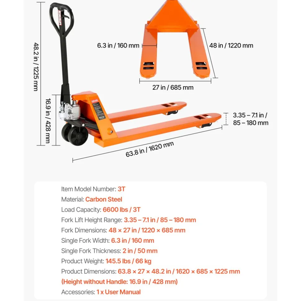 VEVOR Pallet Jack, 6600 lbs Load Capacity, Manual Pallet Truck with 48L x 27W Inch Forks for Material Handling, 3.35-7.1 Inch Fork Lift Height Range, Suitable for Warehouse, Supermarket, Manufacturing