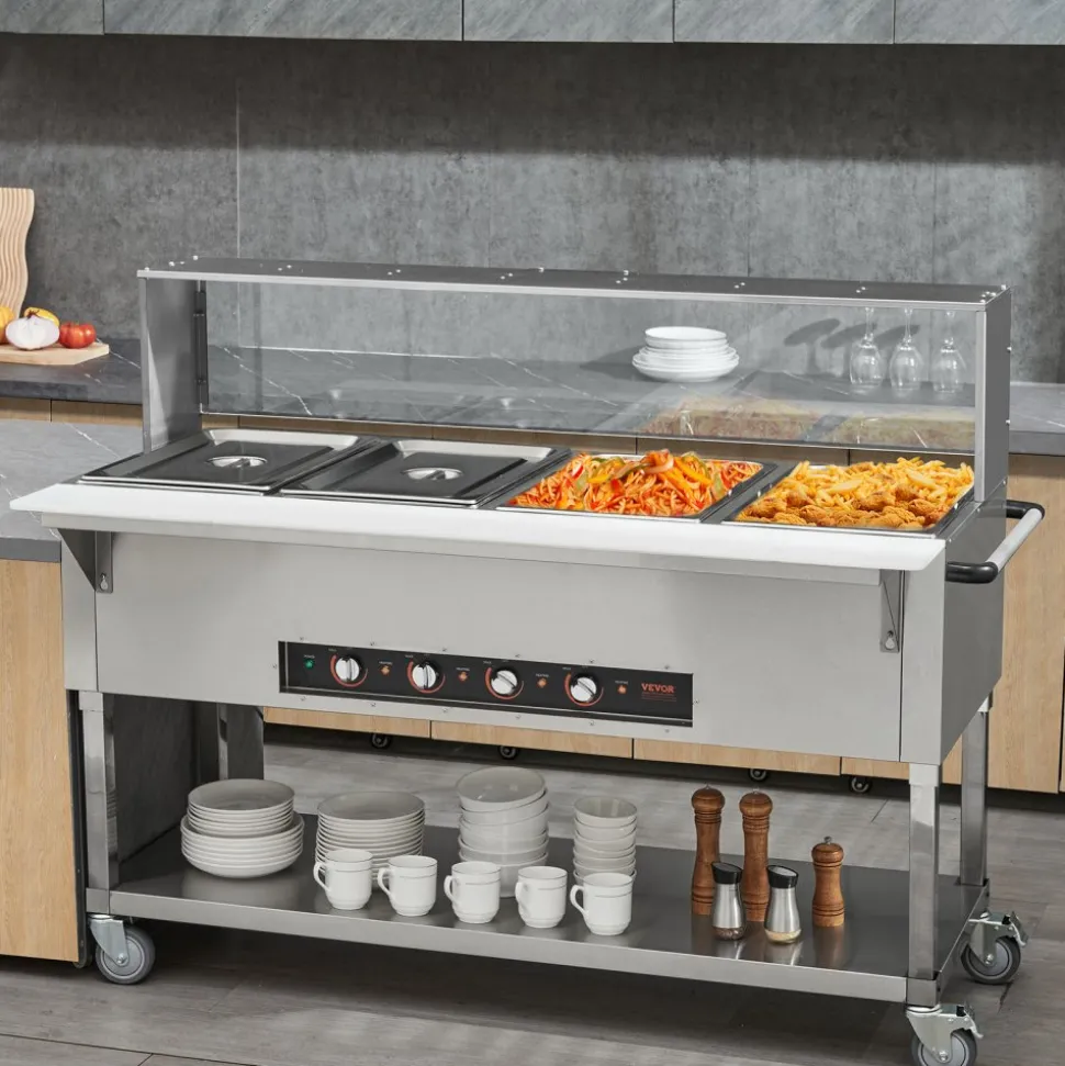 VEVOR 4-Pan Commercial Food Warmer, 4 x 20.6QT Electric Steam Table, 2000W Professional Buffet Catering Food Warmer with Acrylic Sneeze Guard, Food Grade Stainless Steel Server for Party Restaurant