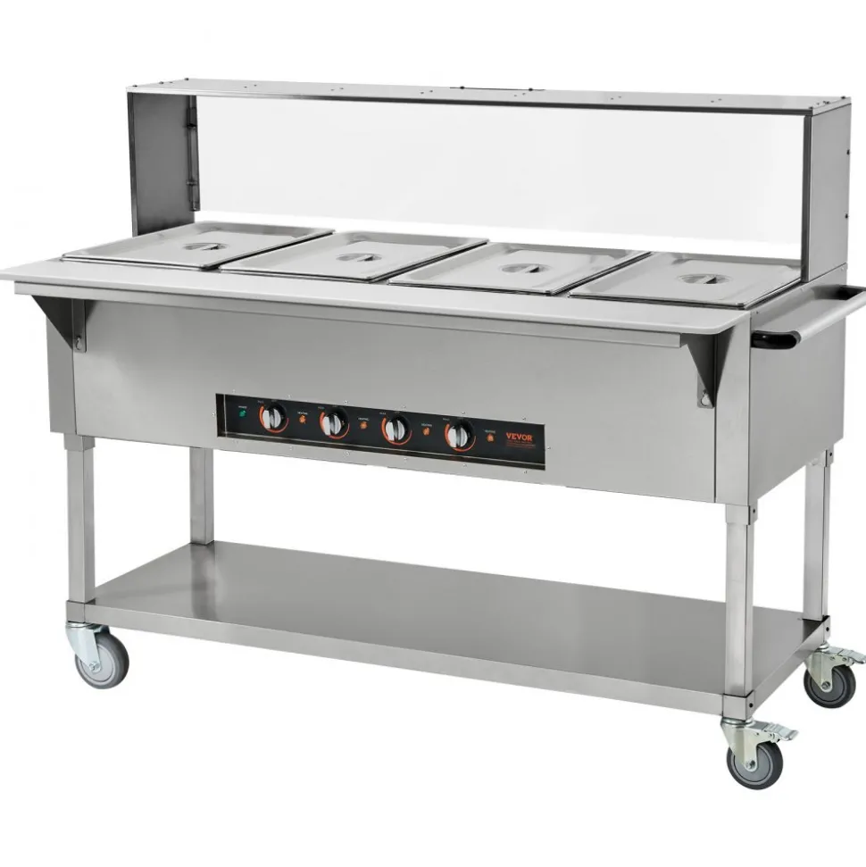 VEVOR 4-Pan Commercial Food Warmer, 4 x 20.6QT Electric Steam Table, 2000W Professional Buffet Catering Food Warmer with Acrylic Sneeze Guard, Food Grade Stainless Steel Server for Party Restaurant