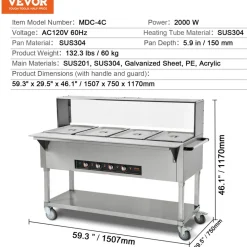 VEVOR 4-Pan Commercial Food Warmer, 4 x 20.6QT Electric Steam Table, 2000W Professional Buffet Catering Food Warmer with Acrylic Sneeze Guard, Food Grade Stainless Steel Server for Party Restaurant