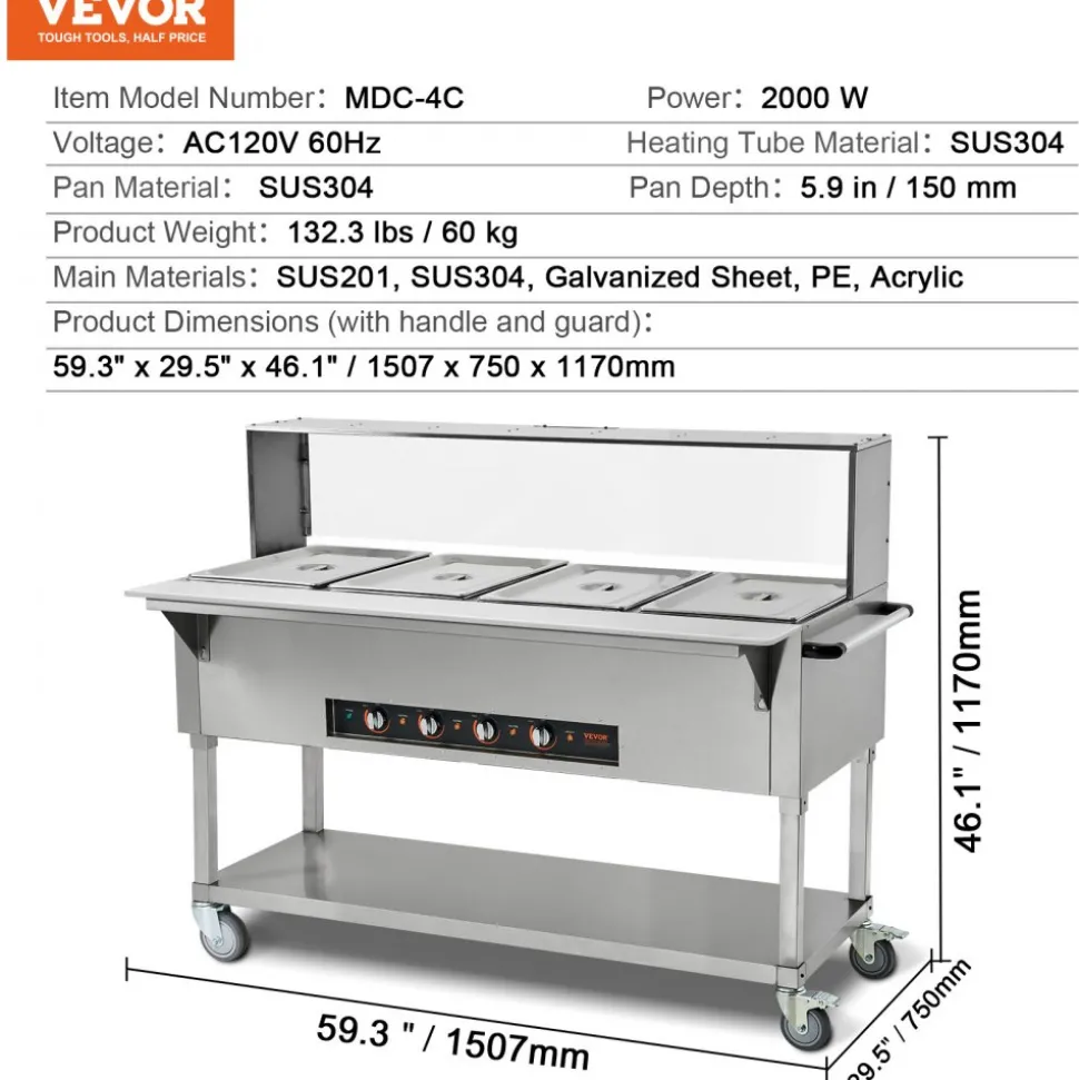 VEVOR 4-Pan Commercial Food Warmer, 4 x 20.6QT Electric Steam Table, 2000W Professional Buffet Catering Food Warmer with Acrylic Sneeze Guard, Food Grade Stainless Steel Server for Party Restaurant