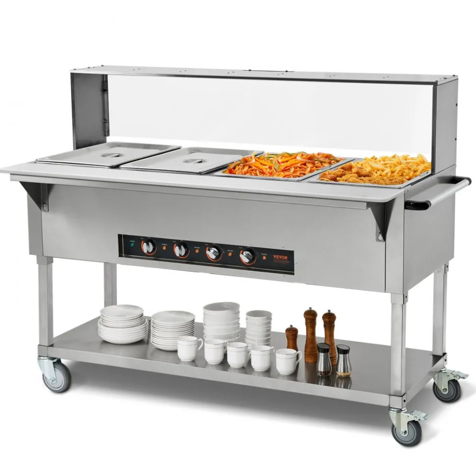 VEVOR 4-Pan Commercial Food Warmer, 4 x 20.6QT Electric Steam Table, 2000W Professional Buffet Catering Food Warmer with Acrylic Sneeze Guard, Food Grade Stainless Steel Server for Party Restaurant