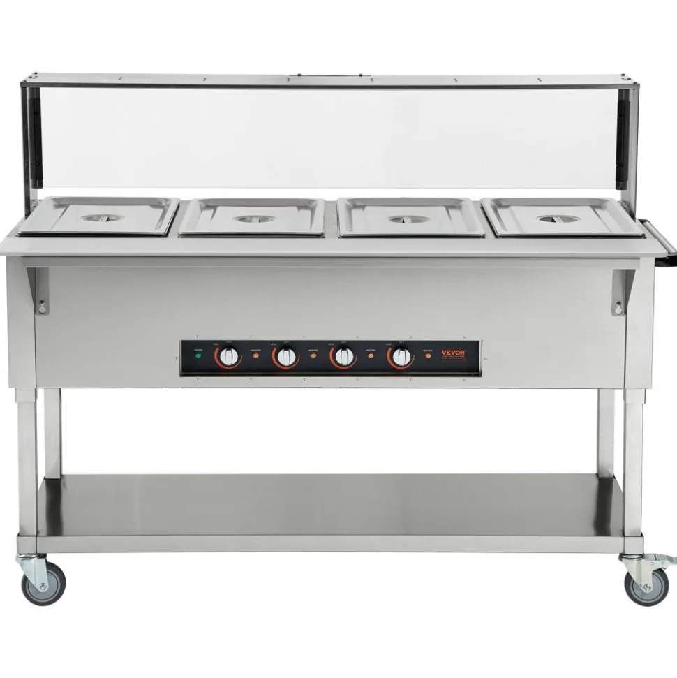 VEVOR 4-Pan Commercial Food Warmer, 4 x 20.6QT Electric Steam Table, 2000W Professional Buffet Catering Food Warmer with Acrylic Sneeze Guard, Food Grade Stainless Steel Server for Party Restaurant