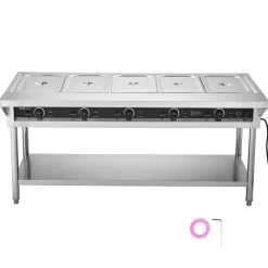 VEVOR 5-Pan Commercial Food Warmer, Electric Steam Table with Independent Temperature Control, 750W x 5 Stainless Steel Buffet Catering Food Warmer with Undershelf and Workspace, for Restaurant