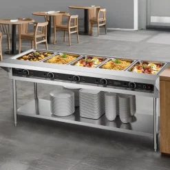 VEVOR 5-Pan Commercial Food Warmer, Electric Steam Table with Independent Temperature Control, 750W x 5 Stainless Steel Buffet Catering Food Warmer with Undershelf and Workspace, for Restaurant