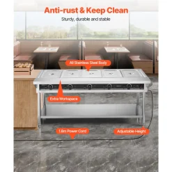 VEVOR 5-Pan Commercial Food Warmer, Electric Steam Table with Independent Temperature Control, 750W x 5 Stainless Steel Buffet Catering Food Warmer with Undershelf and Workspace, for Restaurant