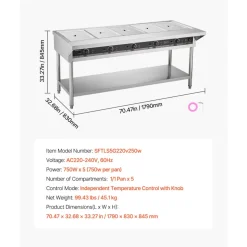 VEVOR 5-Pan Commercial Food Warmer, Electric Steam Table with Independent Temperature Control, 750W x 5 Stainless Steel Buffet Catering Food Warmer with Undershelf and Workspace, for Restaurant