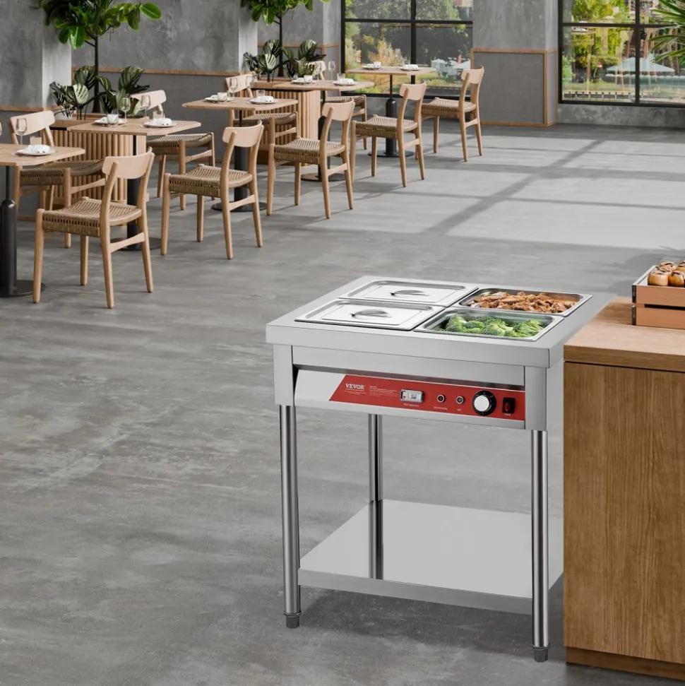 VEVOR 4-Pan Commercial Food Warmer, 4 x 1/2 Pans Electric Steam Table, 1500W Professional Buffet Catering Food Warmer with Undershelf, Stainless Steel Server for Restaurant Party Hotel