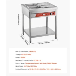 VEVOR 4-Pan Commercial Food Warmer, 4 x 1/2 Pans Electric Steam Table, 1500W Professional Buffet Catering Food Warmer with Undershelf, Stainless Steel Server for Restaurant Party Hotel