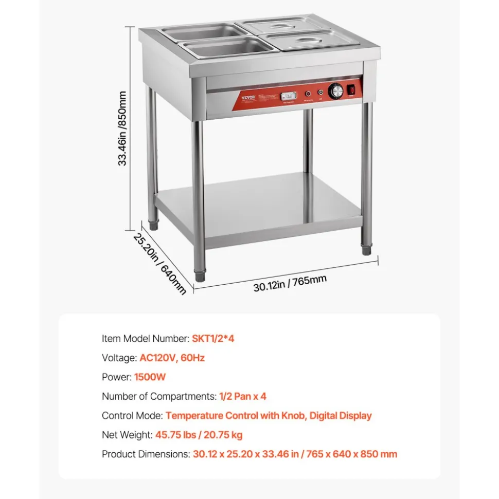 VEVOR 4-Pan Commercial Food Warmer, 4 x 1/2 Pans Electric Steam Table, 1500W Professional Buffet Catering Food Warmer with Undershelf, Stainless Steel Server for Restaurant Party Hotel