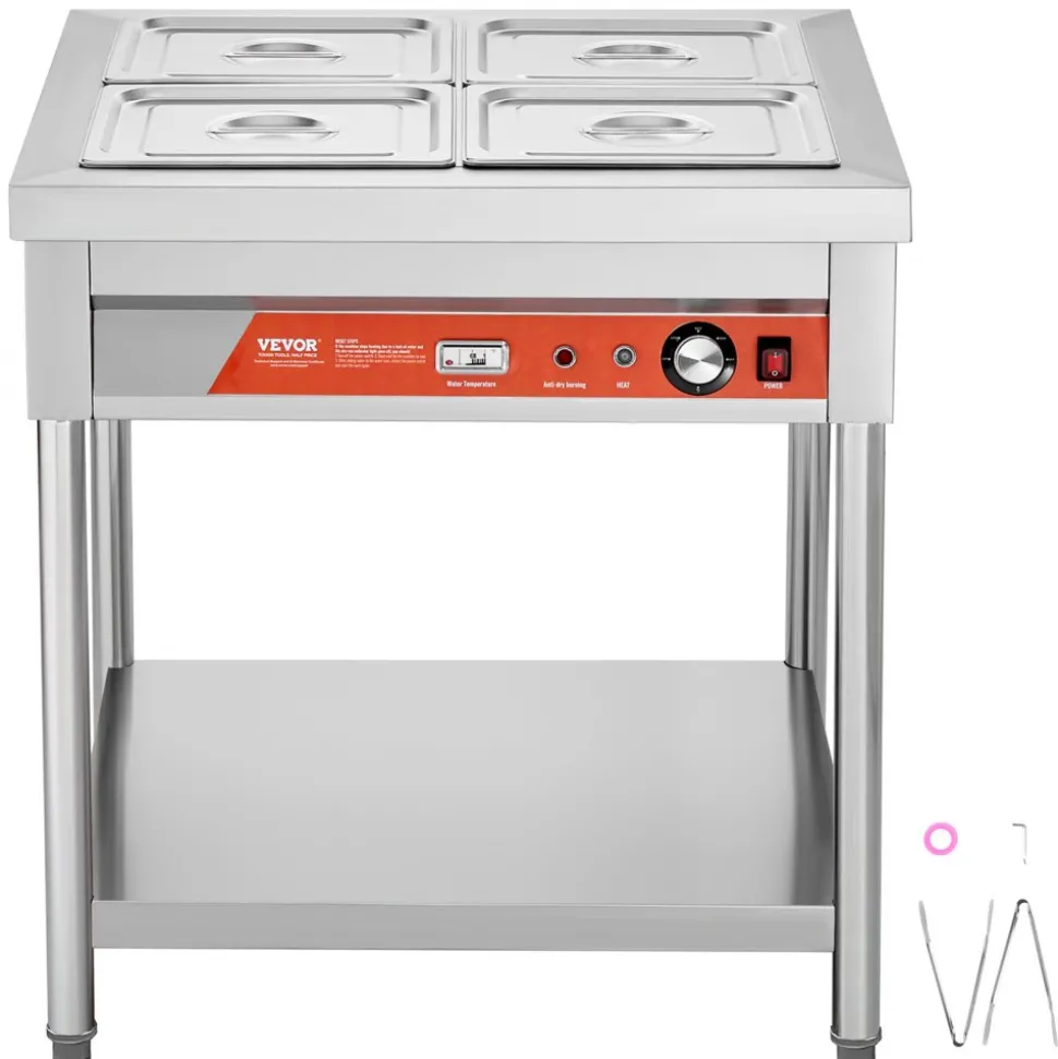 VEVOR 4-Pan Commercial Food Warmer, 4 x 1/2 Pans Electric Steam Table, 1500W Professional Buffet Catering Food Warmer with Undershelf, Stainless Steel Server for Restaurant Party Hotel