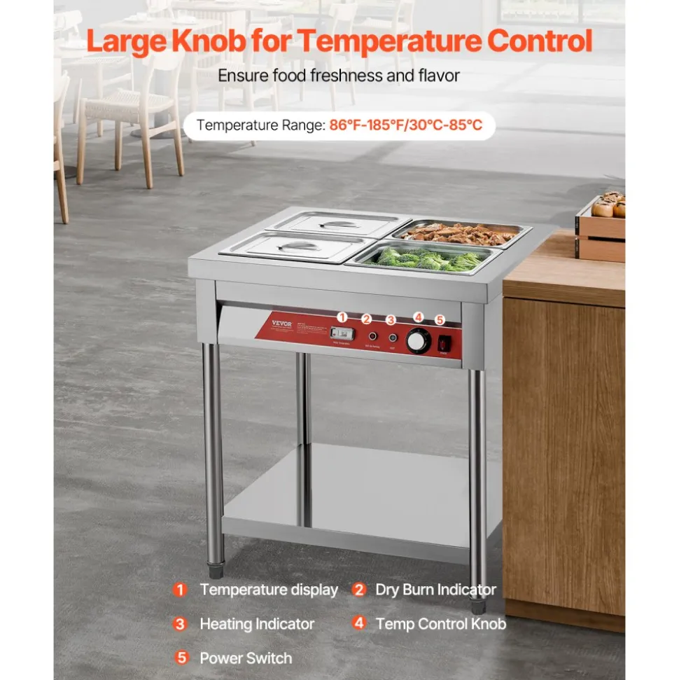 VEVOR 4-Pan Commercial Food Warmer, 4 x 1/2 Pans Electric Steam Table, 1500W Professional Buffet Catering Food Warmer with Undershelf, Stainless Steel Server for Restaurant Party Hotel
