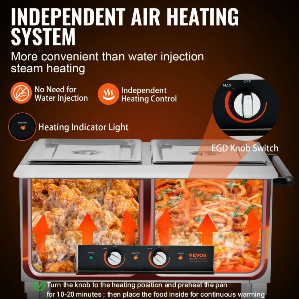 VEVOR 2-Pan Commercial Food Warmer, 2 x 20.6QT Electric Steam Table, 1000W Professional Buffet Catering Food Warmer with 4 Wheels (2 Lockable), Food Grade Stainless Steel Server for Party Restaurant