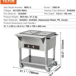 VEVOR 2-Pan Commercial Food Warmer, 2 x 20.6QT Electric Steam Table, 1000W Professional Buffet Catering Food Warmer with 4 Wheels (2 Lockable), Food Grade Stainless Steel Server for Party Restaurant