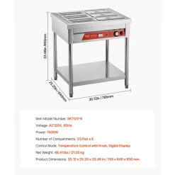 VEVOR 6-Pan Commercial Food Warmer, 6 x 1/3 Pans Electric Steam Table, 1500W Professional Buffet Catering Food Warmer with Undershelf, Stainless Steel Server for Restaurant Party Hotel