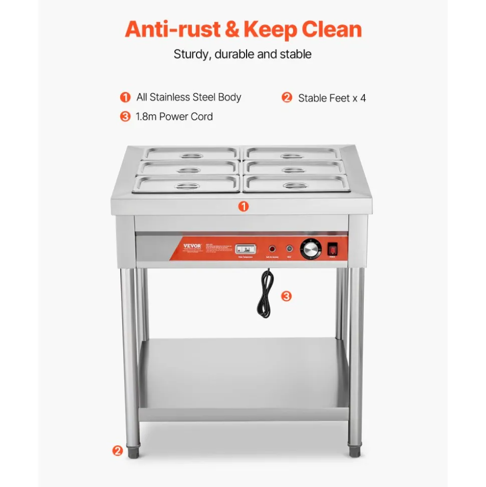 VEVOR 6-Pan Commercial Food Warmer, 6 x 1/3 Pans Electric Steam Table, 1500W Professional Buffet Catering Food Warmer with Undershelf, Stainless Steel Server for Restaurant Party Hotel