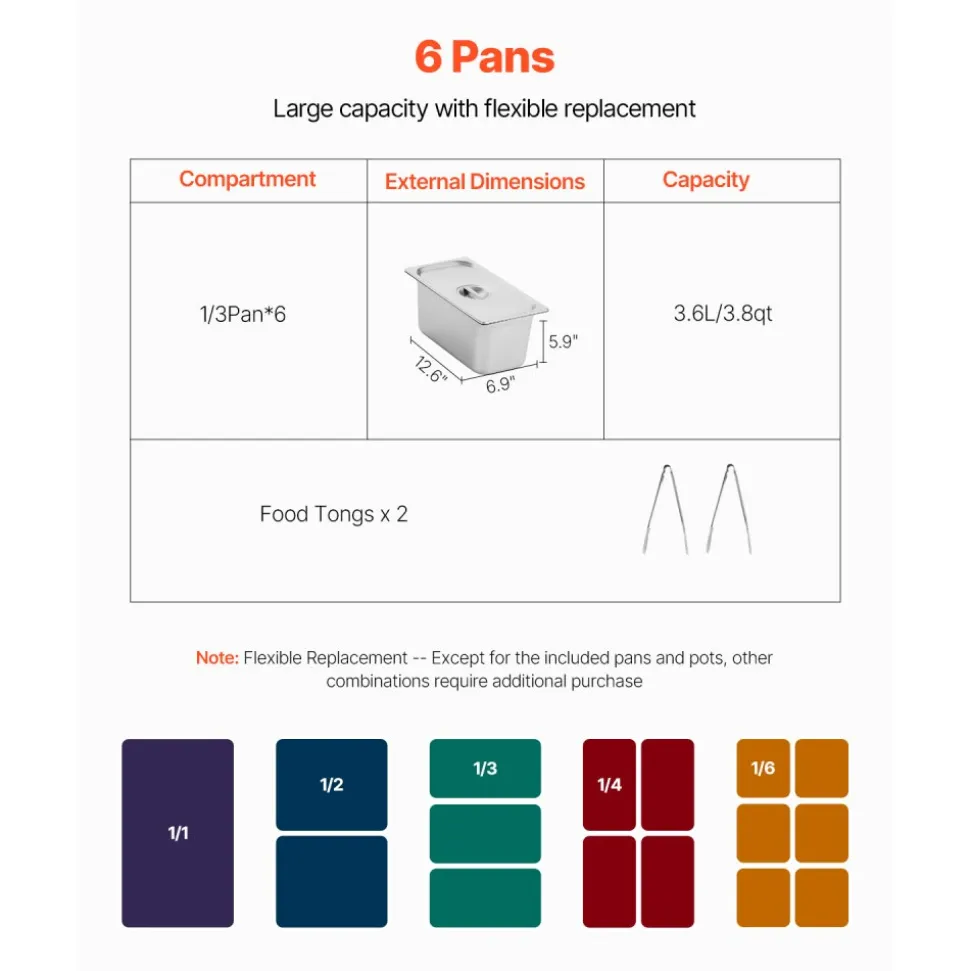 VEVOR 6-Pan Commercial Food Warmer, 6 x 1/3 Pans Electric Steam Table, 1500W Professional Buffet Catering Food Warmer with Undershelf, Stainless Steel Server for Restaurant Party Hotel