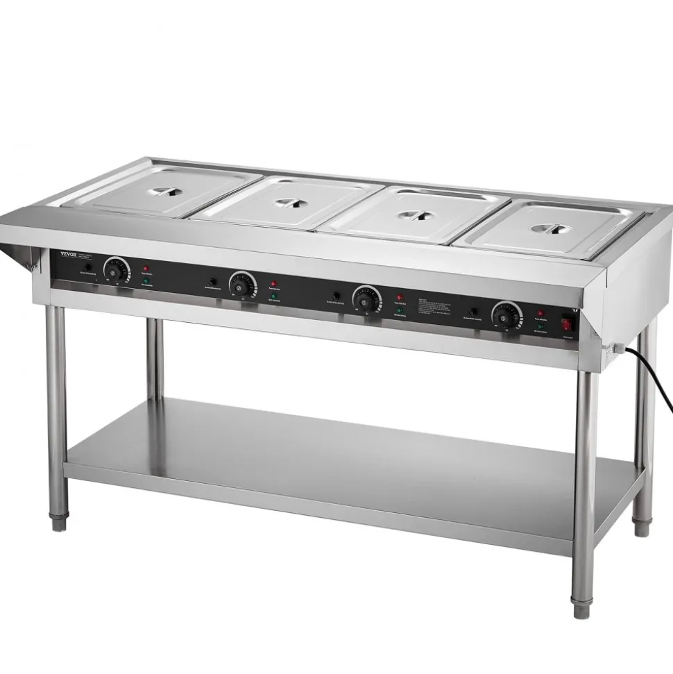 VEVOR 4-Pan Commercial Food Warmer, Electric Steam Table with Independent Temperature Control, 450W x 4 Stainless Steel Buffet Catering Food Warmer with Undershelf and Workspace, for Restaurant