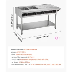 VEVOR 4-Pan Commercial Food Warmer, Electric Steam Table with Independent Temperature Control, 450W x 4 Stainless Steel Buffet Catering Food Warmer with Undershelf and Workspace, for Restaurant