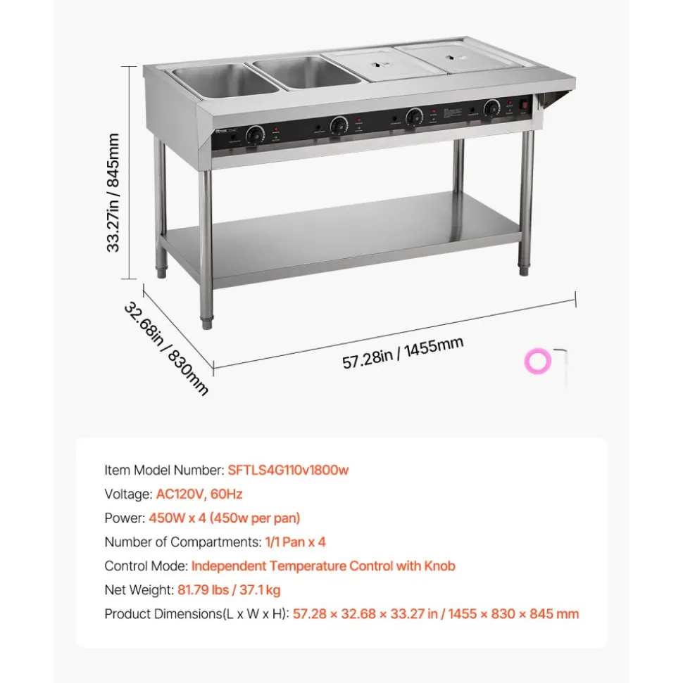 VEVOR 4-Pan Commercial Food Warmer, Electric Steam Table with Independent Temperature Control, 450W x 4 Stainless Steel Buffet Catering Food Warmer with Undershelf and Workspace, for Restaurant