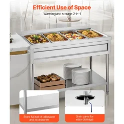 VEVOR 4-Pan Commercial Food Warmer, Electric Steam Table with Independent Temperature Control, 450W x 4 Stainless Steel Buffet Catering Food Warmer with Undershelf and Workspace, for Restaurant