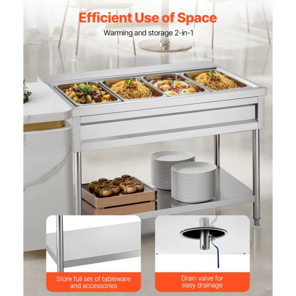 VEVOR 4-Pan Commercial Food Warmer, Electric Steam Table with Independent Temperature Control, 450W x 4 Stainless Steel Buffet Catering Food Warmer with Undershelf and Workspace, for Restaurant