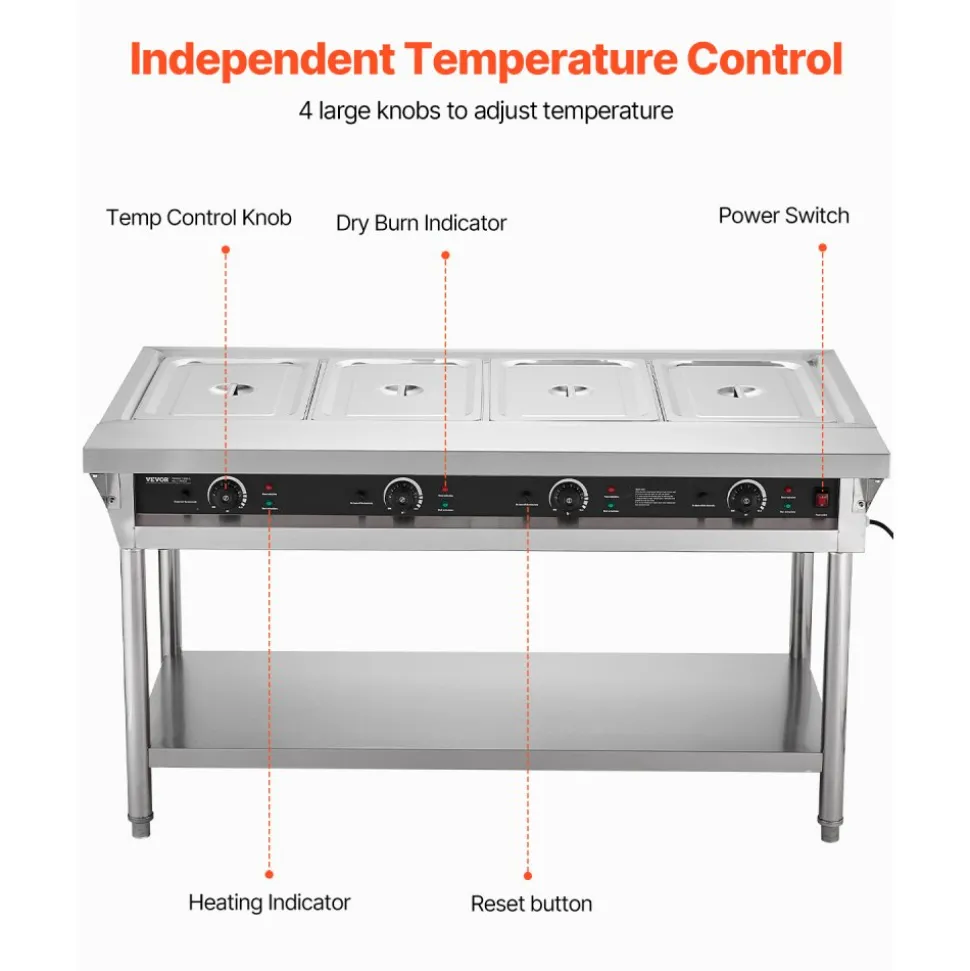 VEVOR 4-Pan Commercial Food Warmer, Electric Steam Table with Independent Temperature Control, 450W x 4 Stainless Steel Buffet Catering Food Warmer with Undershelf and Workspace, for Restaurant