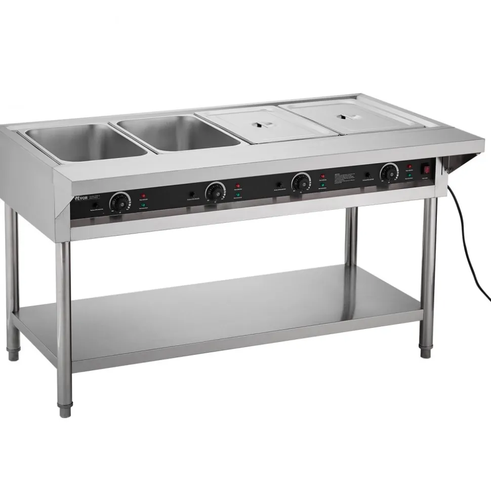 VEVOR 4-Pan Commercial Food Warmer, Electric Steam Table with Independent Temperature Control, 450W x 4 Stainless Steel Buffet Catering Food Warmer with Undershelf and Workspace, for Restaurant