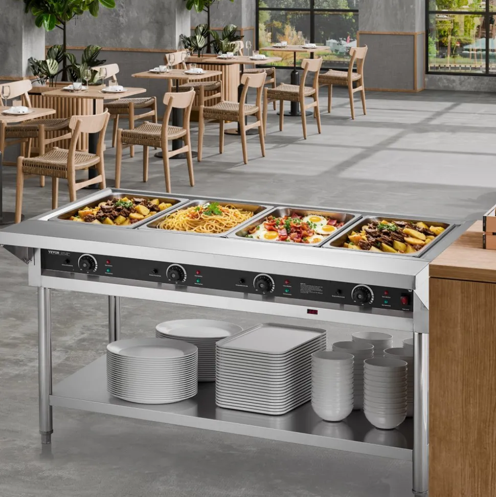 VEVOR 4-Pan Commercial Food Warmer, Electric Steam Table with Independent Temperature Control, 450W x 4 Stainless Steel Buffet Catering Food Warmer with Undershelf and Workspace, for Restaurant