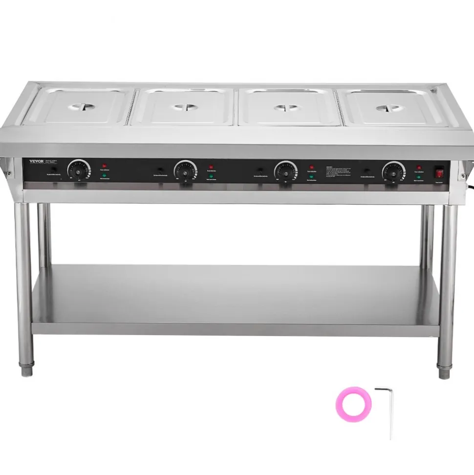 VEVOR 4-Pan Commercial Food Warmer, Electric Steam Table with Independent Temperature Control, 450W x 4 Stainless Steel Buffet Catering Food Warmer with Undershelf and Workspace, for Restaurant