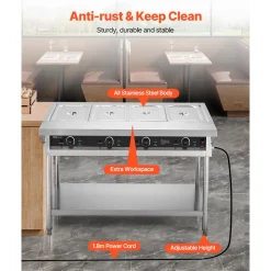 VEVOR 4-Pan Commercial Food Warmer, Electric Steam Table with Independent Temperature Control, 450W x 4 Stainless Steel Buffet Catering Food Warmer with Undershelf and Workspace, for Restaurant