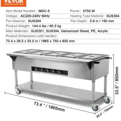VEVOR 5-Pan Commercial Food Warmer, 5 x 20.6QT Electric Steam Table, 3750W Professional Buffet Catering Food Warmer with 4 Wheels (2 Lockable), Food Grade Stainless Steel Server for Party Restaurant