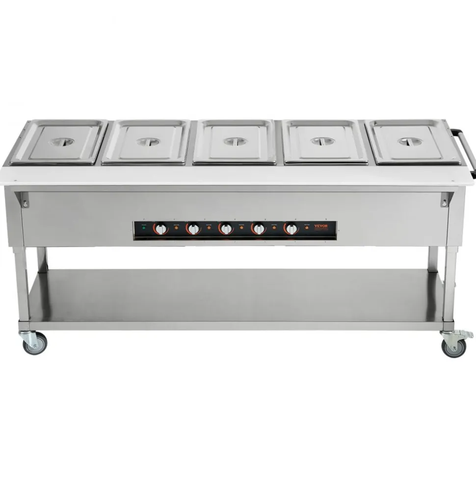 VEVOR 5-Pan Commercial Food Warmer, 5 x 20.6QT Electric Steam Table, 3750W Professional Buffet Catering Food Warmer with 4 Wheels (2 Lockable), Food Grade Stainless Steel Server for Party Restaurant