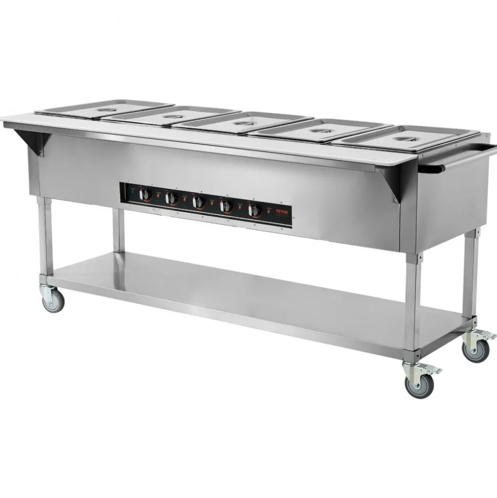 VEVOR 5-Pan Commercial Food Warmer, 5 x 20.6QT Electric Steam Table, 3750W Professional Buffet Catering Food Warmer with 4 Wheels (2 Lockable), Food Grade Stainless Steel Server for Party Restaurant