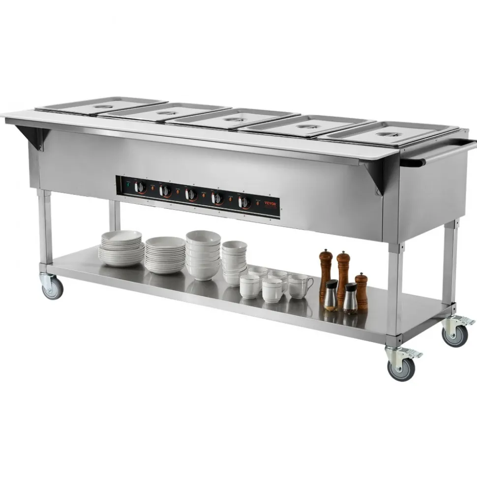 VEVOR 5-Pan Commercial Food Warmer, 5 x 20.6QT Electric Steam Table, 3750W Professional Buffet Catering Food Warmer with 4 Wheels (2 Lockable), Food Grade Stainless Steel Server for Party Restaurant