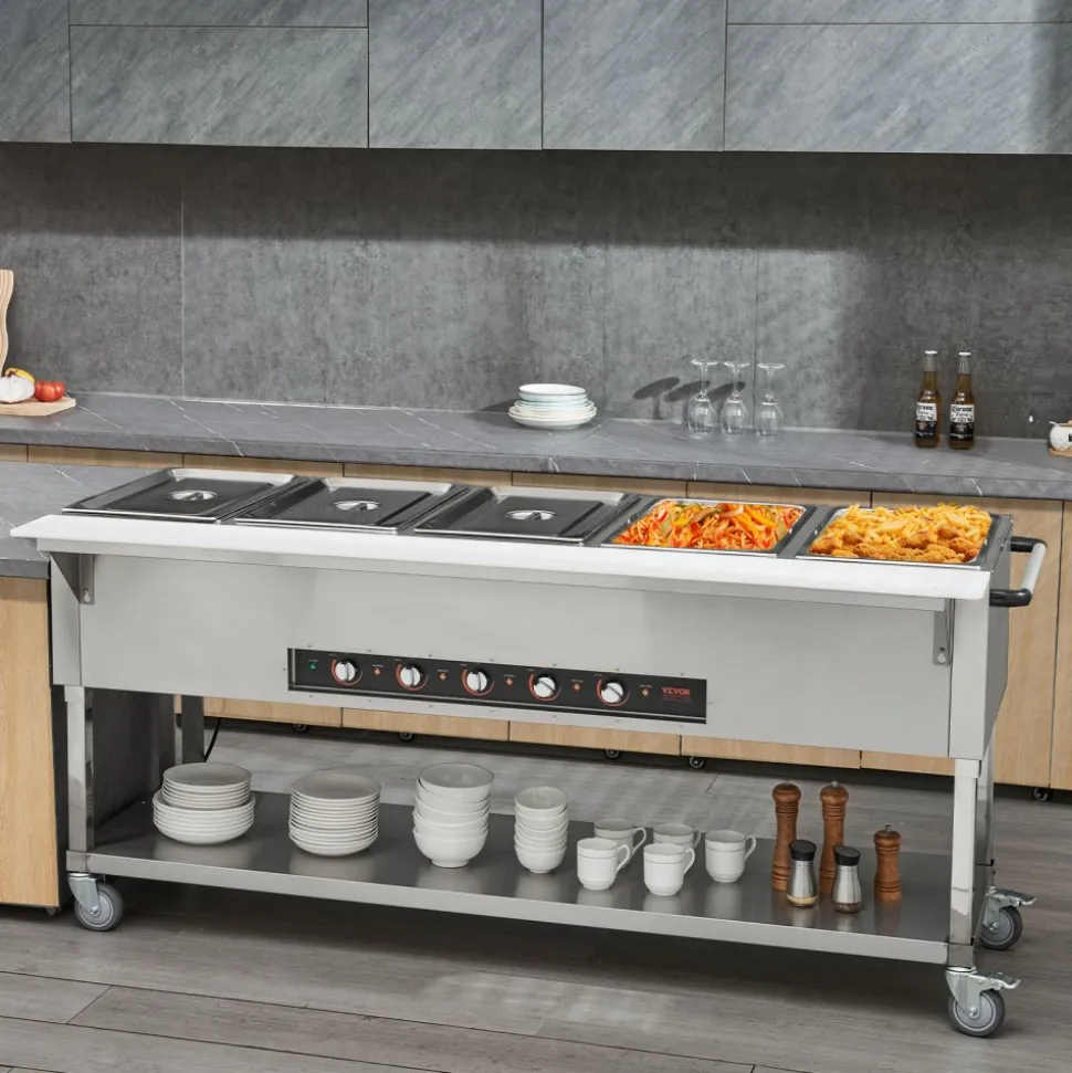 VEVOR 5-Pan Commercial Food Warmer, 5 x 20.6QT Electric Steam Table, 3750W Professional Buffet Catering Food Warmer with 4 Wheels (2 Lockable), Food Grade Stainless Steel Server for Party Restaurant