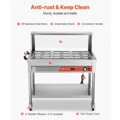 VEVOR 5-Pan Commercial Food Warmer, 5 x 20.6QT Electric Steam Table, 3750W Professional Buffet Catering Food Warmer with Acrylic Sneeze Guard, Food Grade Stainless Steel Server for Party Restaurant